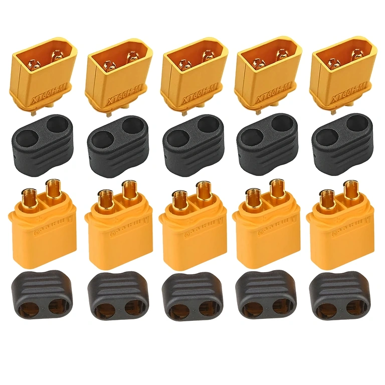 Viršutinio vaizdo rinkinys 5 XT60H jungčių, rodantis auksuotus kontaktus