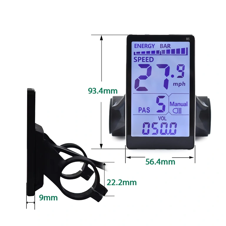 Kompaktiški M5 valdiklio matmenys 110x55x30 mm elektriniam dviračiui